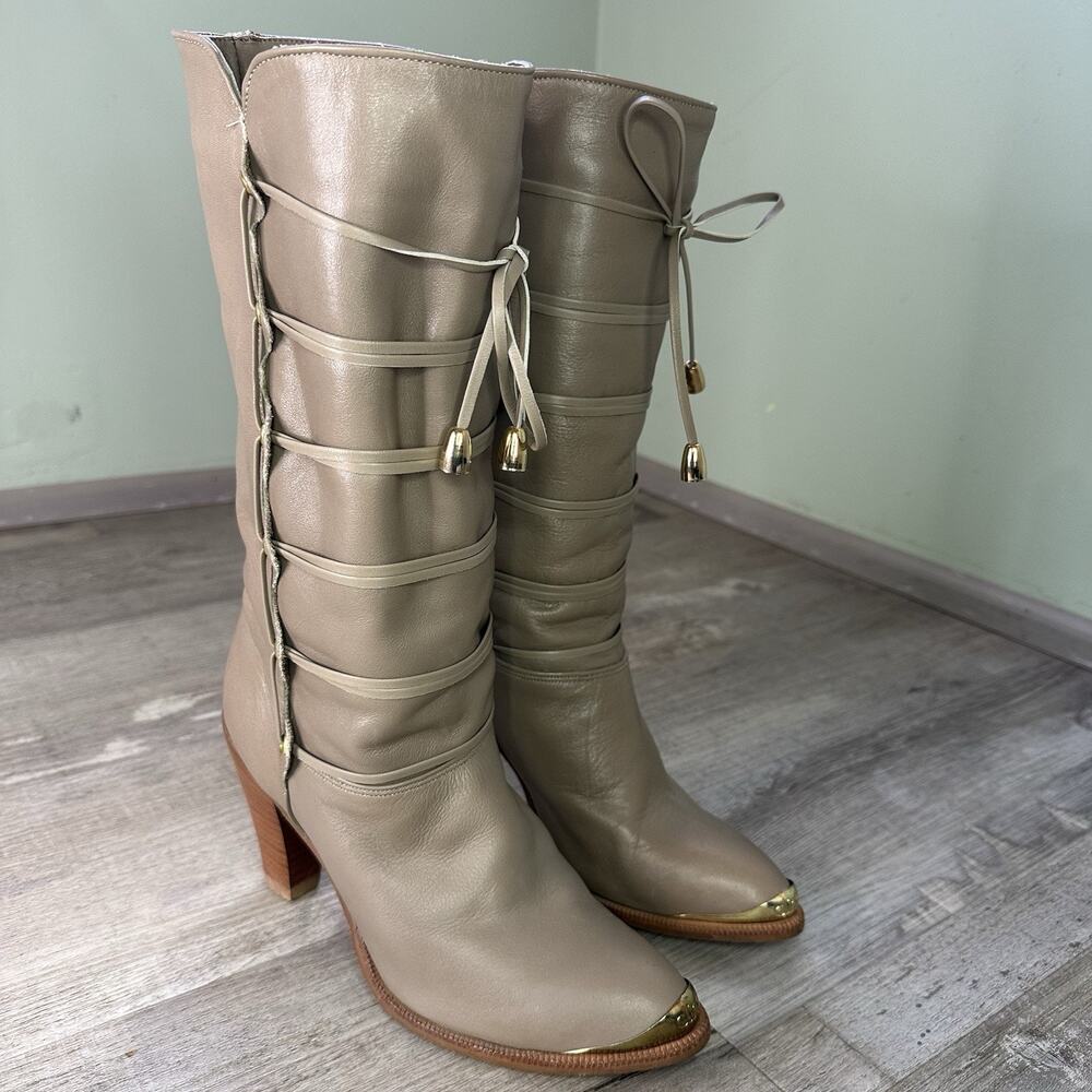 Dingo Vintage Taupe Leather Lace-Up Boot Metallic Gold Toe Women's 5.5